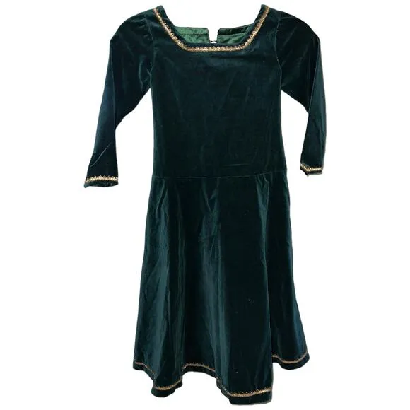 Handmade Artisan Green Velvet Renaissance Princess Gown with Gold Trim  Size 5/6