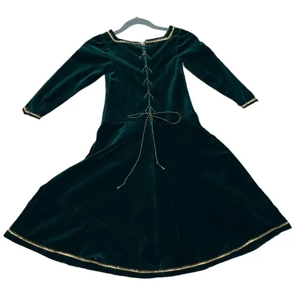Handmade Artisan Green Velvet Renaissance Princess Gown with Gold Trim  Size 5/6