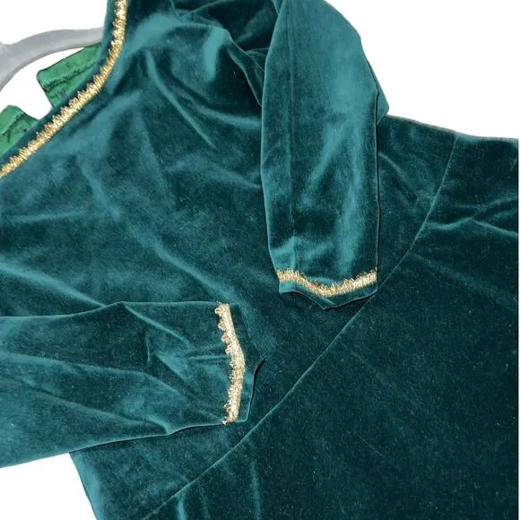Handmade Artisan Green Velvet Renaissance Princess Gown with Gold Trim  Size 5/6