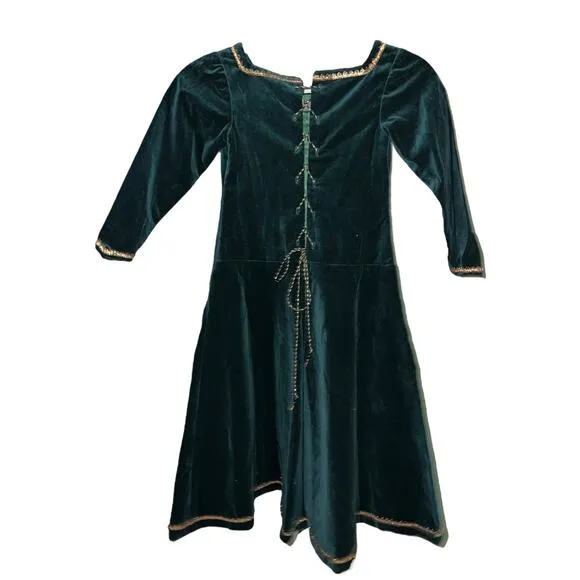 Handmade Artisan Green Velvet Renaissance Princess Gown with Gold Trim  Size 5/6