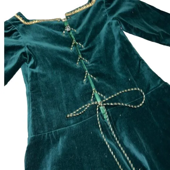 Handmade Artisan Green Velvet Renaissance Princess Gown with Gold Trim  Size 5/6
