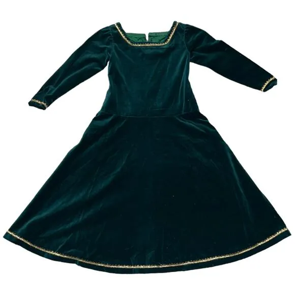 Handmade Artisan Green Velvet Renaissance Princess Gown with Gold Trim  Size 5/6