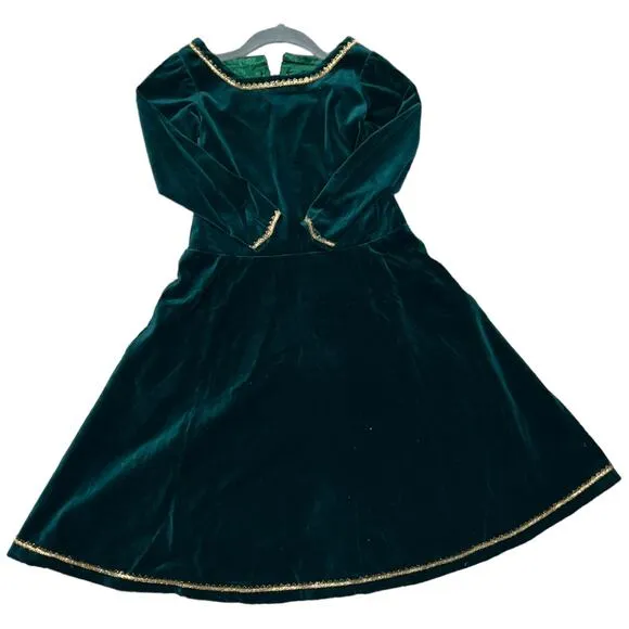 Handmade Artisan Green Velvet Renaissance Princess Gown with Gold Trim  Size 5/6