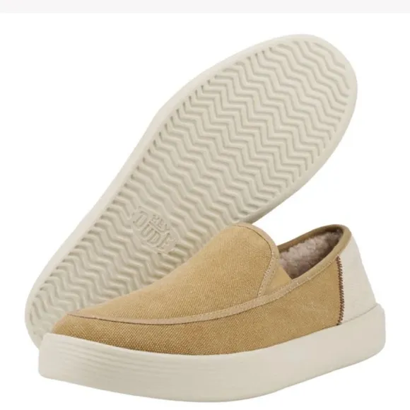 HEY DUDE Sunapee Slipper Salt N Stone Sneakers Men Size 12 Tan &amp; White Vacay NEW