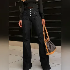 High-Rise Button Fly Flare Bell-Bottom Slim Fit Jeans Patch Pocket Denim Pants