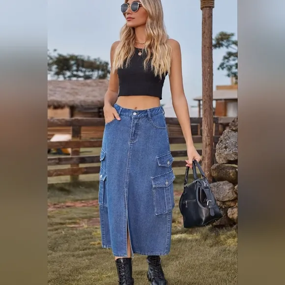 High-Rise Midi Retro Cargo Pocket Button Elastic Waist Denim Jean Slit Skirt