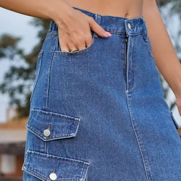 High-Rise Midi Retro Cargo Pocket Button Elastic Waist Denim Jean Slit Skirt