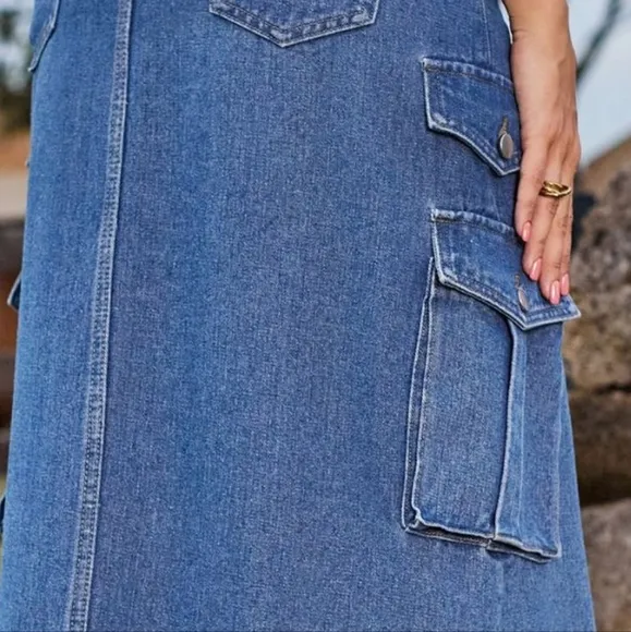 High-Rise Midi Retro Cargo Pocket Button Elastic Waist Denim Jean Slit Skirt