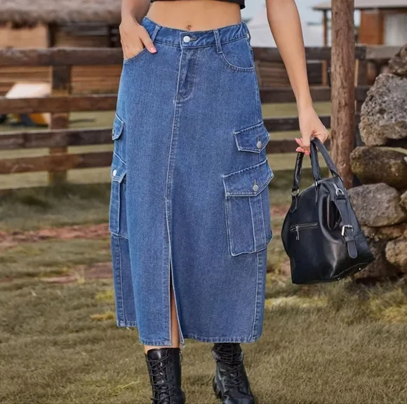 High-Rise Midi Retro Cargo Pocket Button Elastic Waist Denim Jean Slit Skirt