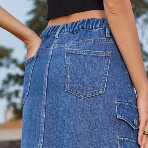 High-Rise Midi Retro Cargo Pocket Button Elastic Waist Denim Jean Slit Skirt