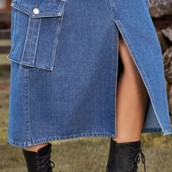 High-Rise Midi Retro Cargo Pocket Button Elastic Waist Denim Jean Slit Skirt