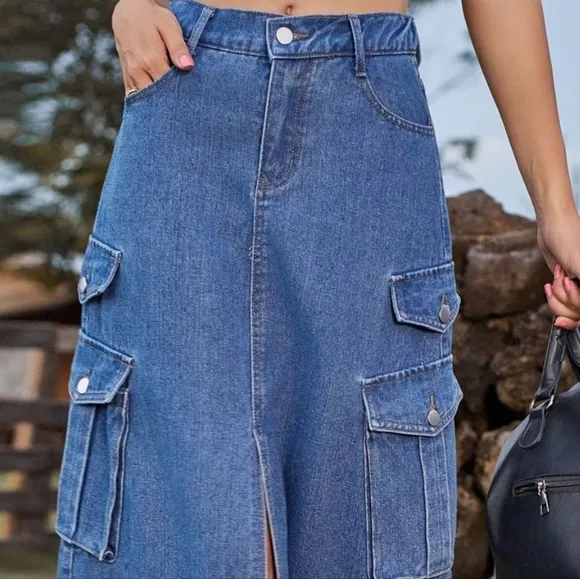 High-Rise Midi Retro Cargo Pocket Button Elastic Waist Denim Jean Slit Skirt