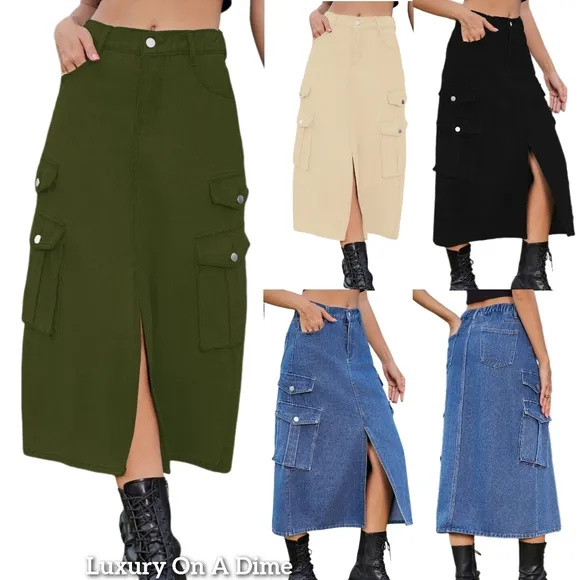 High-Rise Midi Retro Cargo Pocket Button Elastic Waist Denim Jean Slit Skirt