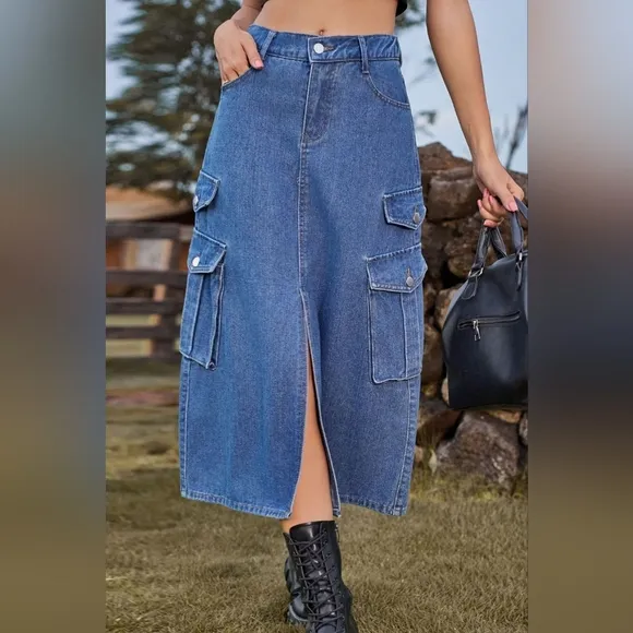 High-Rise Midi Retro Cargo Pocket Button Elastic Waist Denim Jean Slit Skirt