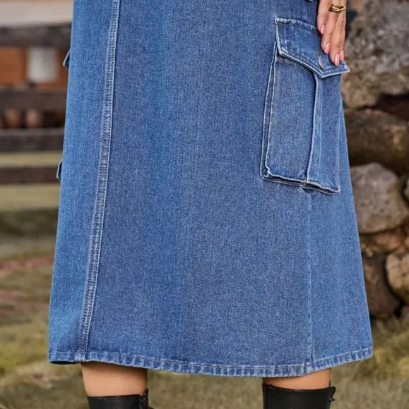High-Rise Midi Retro Cargo Pocket Button Elastic Waist Denim Jean Slit Skirt