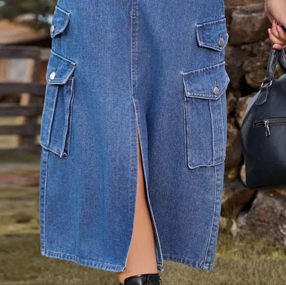 High-Rise Midi Retro Cargo Pocket Button Elastic Waist Denim Jean Slit Skirt