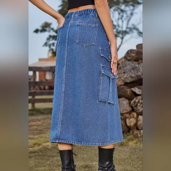High-Rise Midi Retro Cargo Pocket Button Elastic Waist Denim Jean Slit Skirt