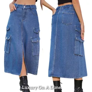 High-Rise Midi Retro Cargo Pocket Button Elastic Waist Denim Jean Slit Skirt