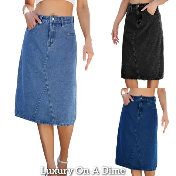 High-Rise Waist Black Jean Knee Midi Back Slit Slim Fit Long Pencil Demin Skirt