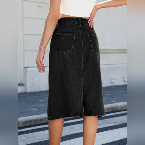 High-Rise Waist Black Jean Knee Midi Back Slit Slim Fit Long Pencil Demin Skirt