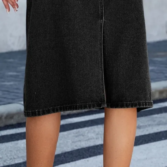 High-Rise Waist Black Jean Knee Midi Back Slit Slim Fit Long Pencil Demin Skirt