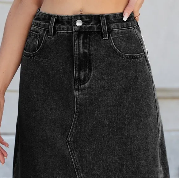 High-Rise Waist Black Jean Knee Midi Back Slit Slim Fit Long Pencil Demin Skirt