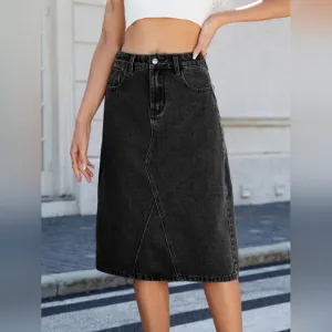 High-Rise Waist Black Jean Knee Midi Back Slit Slim Fit Long Pencil Demin Skirt