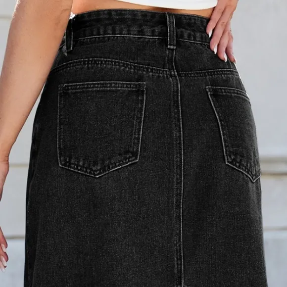 High-Rise Waist Black Jean Knee Midi Back Slit Slim Fit Long Pencil Demin Skirt