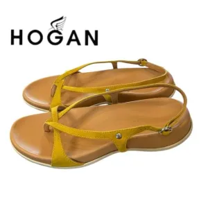 HOGAN Women's Italy Buckle Thong Suede Leather Yellow Sandals 37  7
