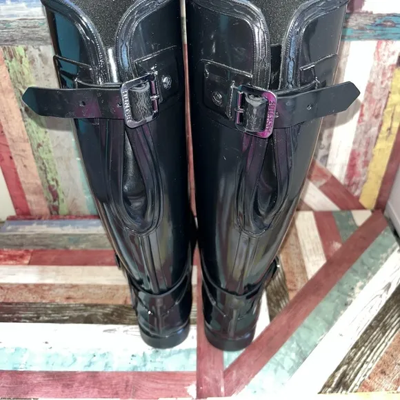 Hunter Women’s Tall Rain Boots Black Glossy EUC Adjustable Ankle/Calf Belt SZE 6