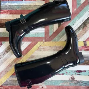 Hunter Women’s Tall Rain Boots Black Glossy EUC Adjustable Ankle/Calf Belt SZE 6