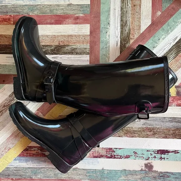 Hunter Women’s Tall Rain Boots Black Glossy EUC Adjustable Ankle/Calf Belt SZE 6