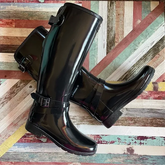 Hunter Women’s Tall Rain Boots Black Glossy EUC Adjustable Ankle/Calf Belt SZE 6