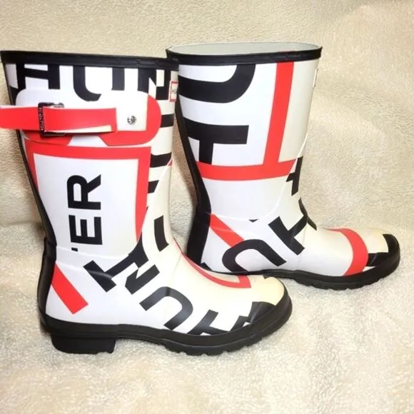 Hunter Original Short (mid calf) Exploded Logo Rain Boots, sz 9