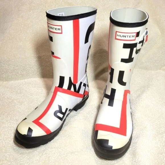 Hunter Original Short (mid calf) Exploded Logo Rain Boots, sz 9