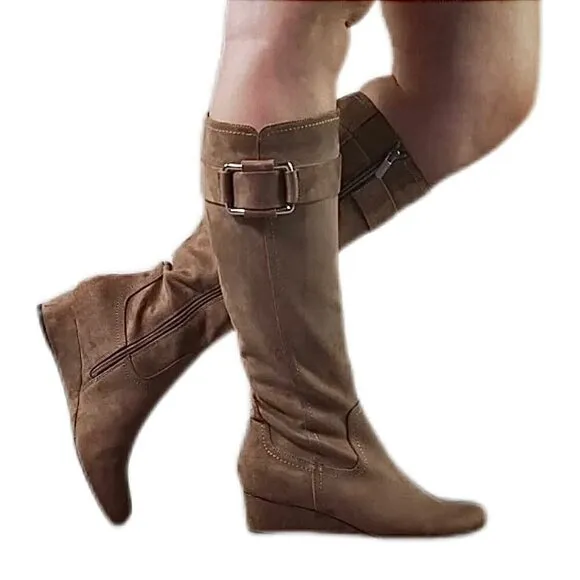 IMPO GENIA Women's Memory Foam Wide Calf Wedge Boots Hummus Size 8.5