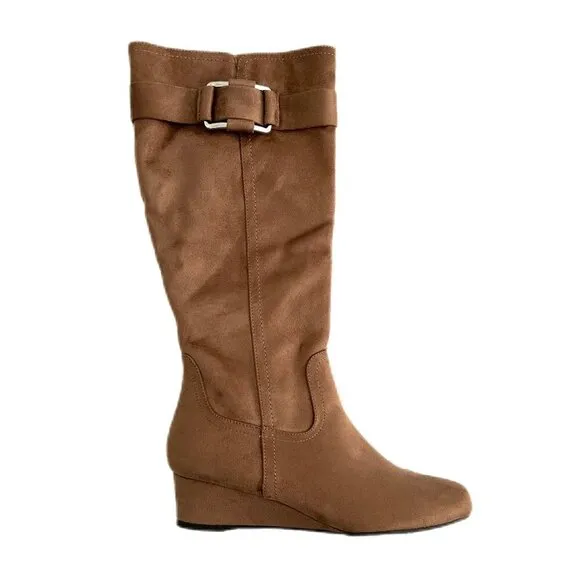 IMPO GENIA Women's Memory Foam Wide Calf Wedge Boots Hummus Size 8.5
