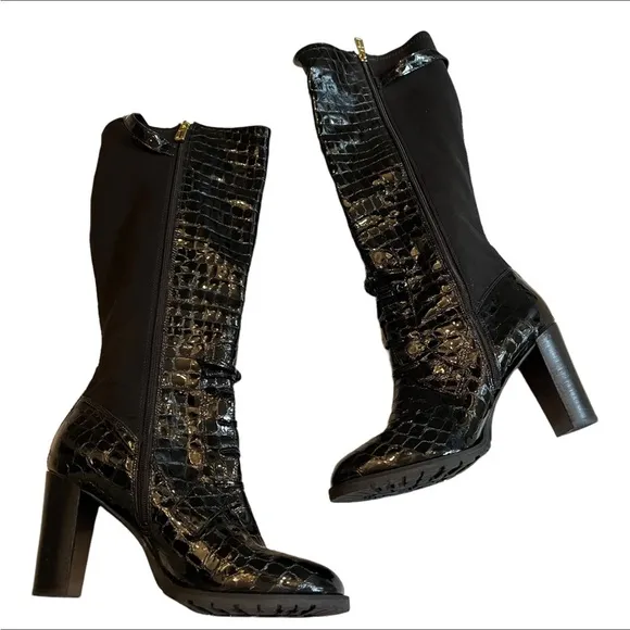 Isaac Mizrahi New York Isgeogin Black Leather Croc Tall boots