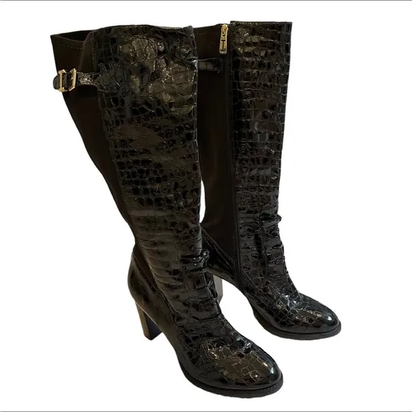 Isaac Mizrahi New York Isgeogin Black Leather Croc Tall boots