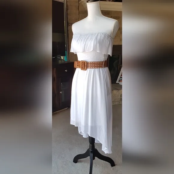 IzByer Bright White Strapless Hi Lo Gauze Dress with belt LIKE NEW