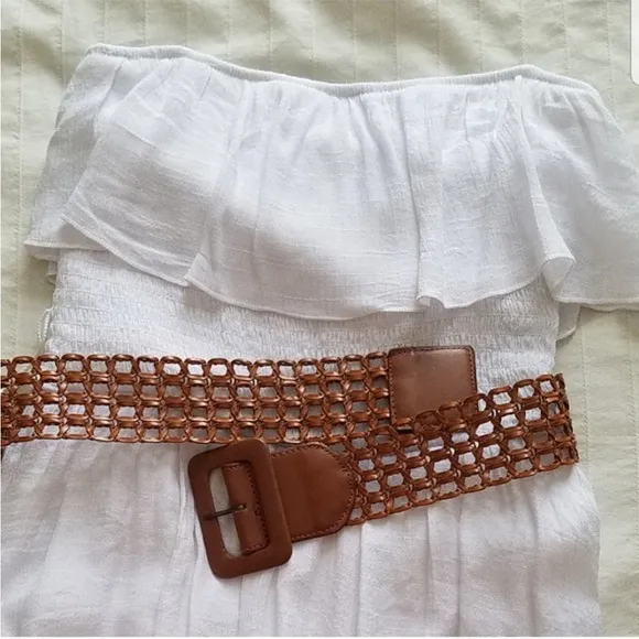 IzByer Bright White Strapless Hi Lo Gauze Dress with belt LIKE NEW