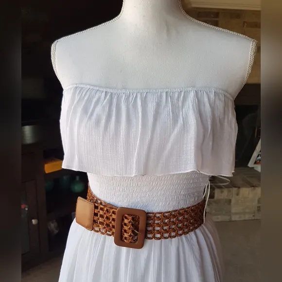 IzByer Bright White Strapless Hi Lo Gauze Dress with belt LIKE NEW