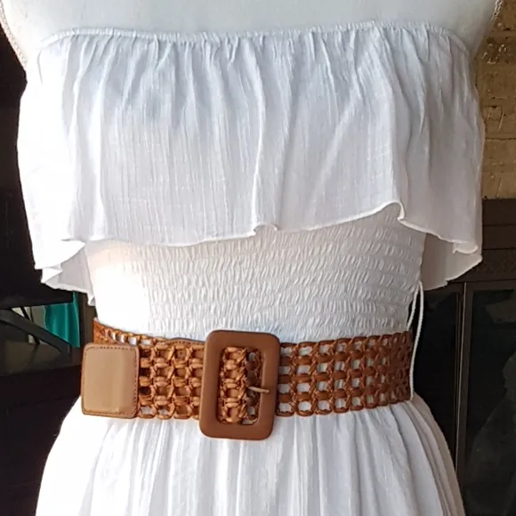 IzByer Bright White Strapless Hi Lo Gauze Dress with belt LIKE NEW