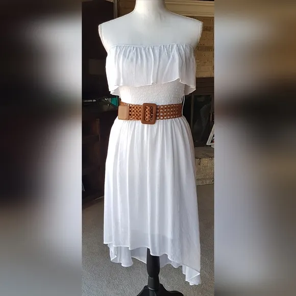 IzByer Bright White Strapless Hi Lo Gauze Dress with belt LIKE NEW