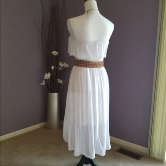 IzByer Bright White Strapless Hi Lo Gauze Dress with belt LIKE NEW