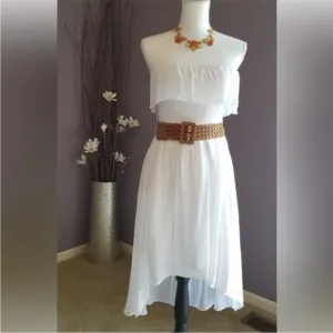IzByer Bright White Strapless Hi Lo Gauze Dress with belt LIKE NEW