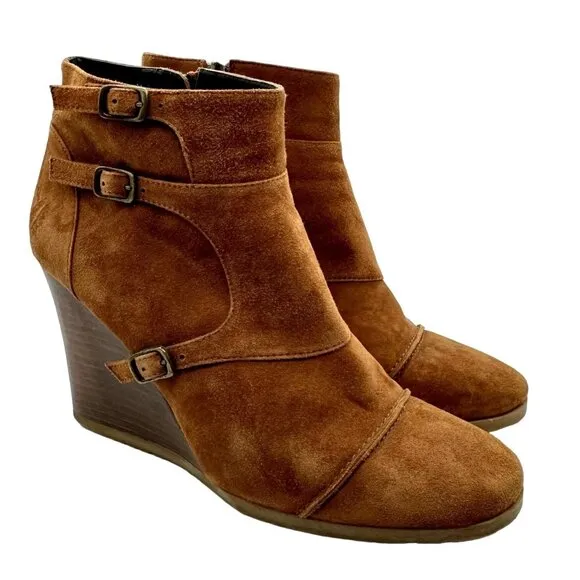 J. CREW Greer Monk Strap Wedge Ankle Booties Suede Cognac Brown Women's 10.5