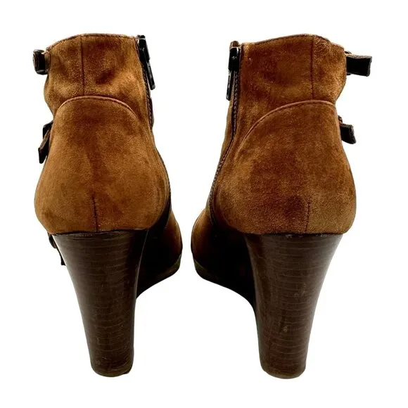 J. CREW Greer Monk Strap Wedge Ankle Booties Suede Cognac Brown Women's 10.5