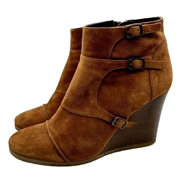 J. CREW Greer Monk Strap Wedge Ankle Booties Suede Cognac Brown Women's 10.5