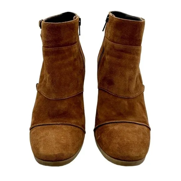 J. CREW Greer Monk Strap Wedge Ankle Booties Suede Cognac Brown Women's 10.5